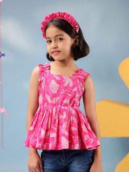 Rain & Rainbow - Girls Pink Floral Printed Pure Cotton Peplum Top