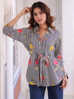 Rain & Rainbow - Women White Vertical Striped Spread Collar Pure Cotton Casual Shirt