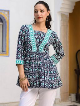 Rain & Rainbow - Women Navy Blue Motifs Pure Cotton Top