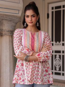 Rain & Rainbow - Ethnic Pink Motifs Printed Cotton A-Line Top