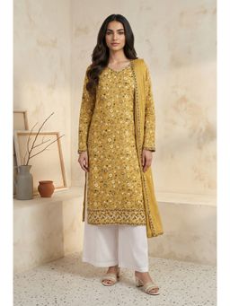 Aurelia - Women Mustard Floral Printed Thread Work Acrylic Straight Kurta for Winter