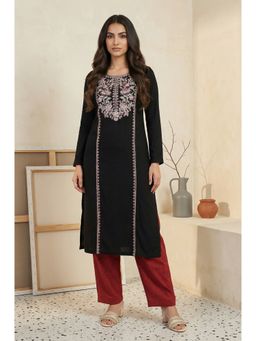Aurelia - Women Black Embroidered Floral Thread Work Acrylic Straight Kurta for Winter
