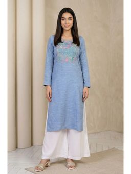 Aurelia - Women Blue Thread Embroidered Acrylic Straight Kurta
