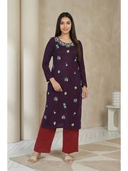 Aurelia - Women Purple Floral Printed Thread Work Acrylic Kurta for Winter