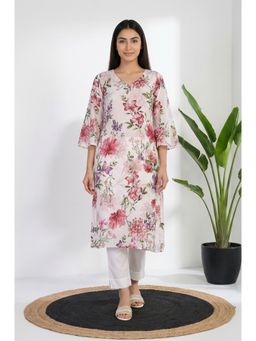 Aurelia - Women White Floral Printed Thread Work Straight Kurta