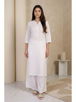 Aurelia - Women White Solid Lace Trim Straight Kurta