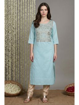 Aurelia - Women Light Blue Embroidered Mirror Work Straight Kurta