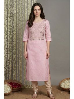 Aurelia - Women Pink Embroidered Mirror Work Straight Kurta
