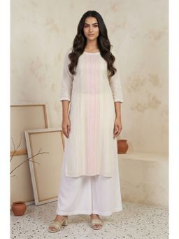 Aurelia - Women Off-White Striped Lace Trim Pure Cotton Straight Kurta