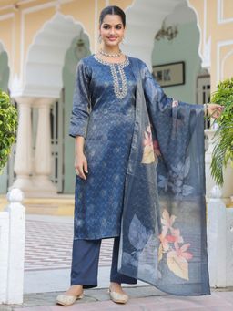 Rain & Rainbow - Floral Printed Thread Work Kurta with Pant and Dupatta