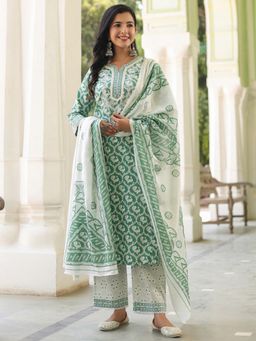 Rain & Rainbow - Women Printed Pure Cotton Kurta with Pant and Dupatta