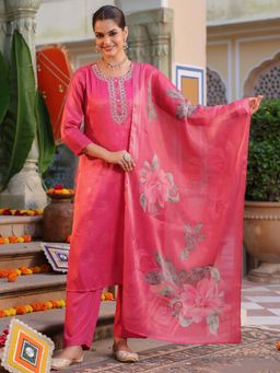 Rain & Rainbow - Floral Printed Thread Work Kurta with Pant and Dupatta