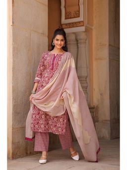 Rain & Rainbow - Women Maroon Floral Printed Kurta with Pant and Dupatta