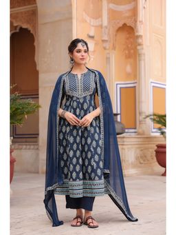 Rain & Rainbow - Women Blue Block Printed Anarkali Kurta with Pant and Dupatta