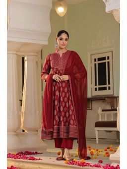 Rain & Rainbow - Women Maroon Block Printed Anarkali Kurta with Pant and Dupatta