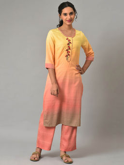 Aurelia - Yellow Orange Ombre Solid Straight Kurta with Pant (Set of 2)