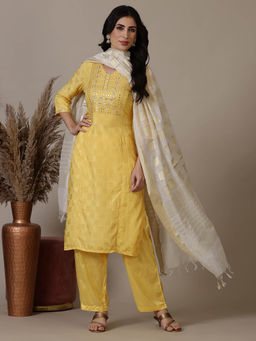 Aurelia - Yellow Mirror Work Straight Kurta with Pant and Dupatta (Set of 3)