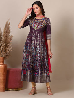 Aurelia - Purple Zari Embroidered Flared Anarkali Kurta with Leggins and Dupatta (Set of 3)