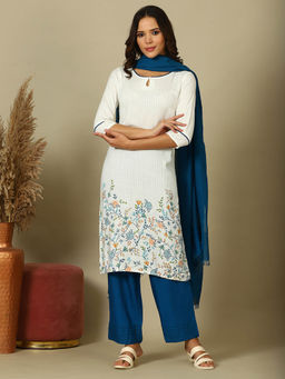 Aurelia - White Floral Printed Kurta with Pant and Dupatta (Set of 3)