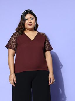 KASSUALLY - CURVE BY KASSUALLY Maroon V-Neck Falf Sleeve Top
