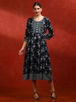 Jaipur Kurti - Women Black Floral A-Line Dress
