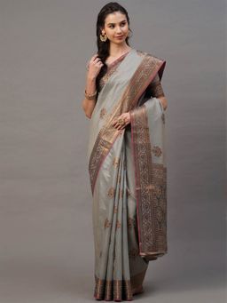 Odette - Grey Festive Silk Blend Woven Design Saree with Unstitched Blouse
