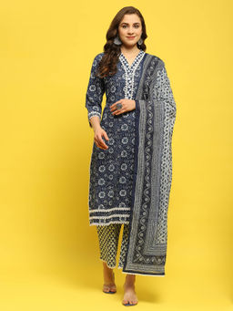 Shree - Women Cotton Indigo Floral Print Kurta with Trouser and Dupatta (Set of 3)