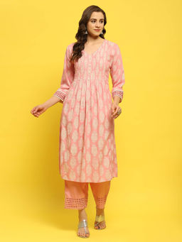 Shree - Women Liva (Rayon) Pink Geometric Print Kurta with Comfort Pant (Set of 2)
