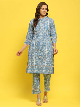 Shree - Women Cotton Blue Floral Print Kurta with Trouser (Set of 2)