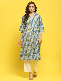 Shree - Women Cotton Blue Floral Print Kurta with Comfort Pant (Set of 2)