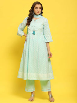 Shree - Women Cotton Blue Geometric Print Kurta Comfort Pant and Dupatta (Set of 3)