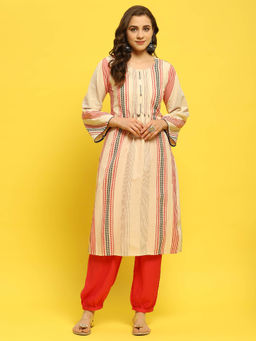 Shree - Women Cotton Off White Yarn Dyed Kurta with Harem Pant (Set of 2)