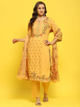 Shree - Women Liva (Rayon) Yellow Floral Print Kurta with Trouser and Dupatta (Set of 3)