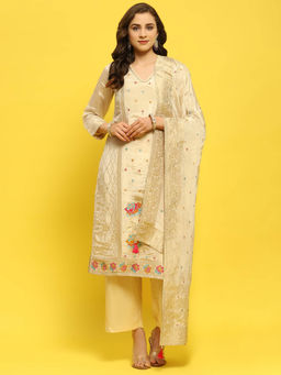 Shree - Women Silk Beige Woven Kurta Comfort Pant and Dupatta (Set of 3)
