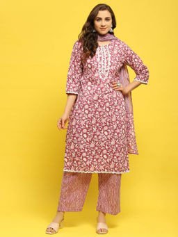Shree - Women Poly Cotton Pink Floral Print Kurta Comfort Pant and Dupatta (Set of 3)
