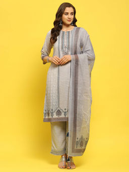 Shree - Women Cotton Grey Ornamental Print Kurta Comfort Pant and Dupatta (Set of 3)