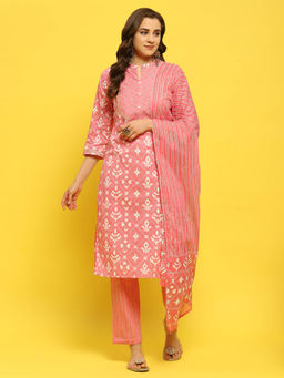 Shree - Women Cotton Pink Geometric Print Kurta with Trouser and Dupatta (Set of 3)