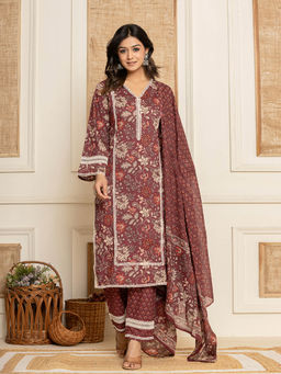 Yufta - Maroon Floral Print Cotton Straight Style Kurta and Trouser with Dupatta (Set of 3)