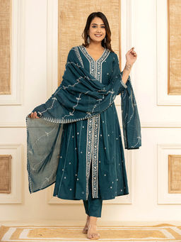 Yufta - Teal Blue Cotton Embroidered Kurta with Trouser and Dupatta (Set of 3)