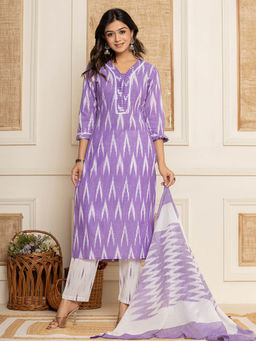Yufta - Purple Ikat Print Straight Strappy Kurta Trouser and Dupatta (Set of 3)