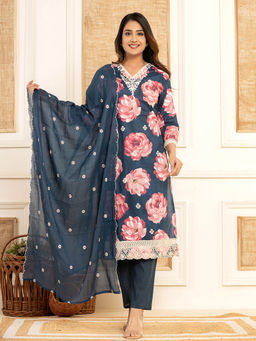 Yufta - Purple Floral Print Cotton Straight Side Slits Kurta and Trouser with Dupatta (Set of 3)