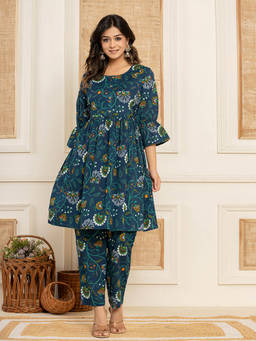 Yufta - Blue Cotton Maternity Kurta with Trouser (Set of 2)