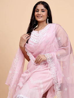 Bani Women - Plus Size Chevron Printed Embroided Pink Kurta with and Pant Dupatta (Set of 3)