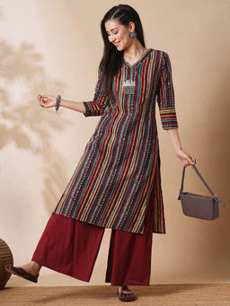 Globus - Women Maroon Allover Geometric Stripe Printed Straight Workwear Kurta With Palazzos Set