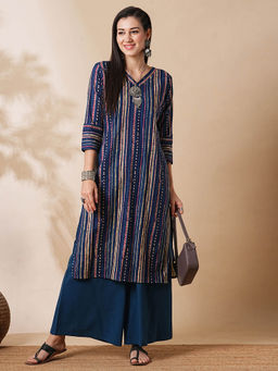 Globus - Women Blue V-Neck Allover Geometric Stripe Printed Straight Kurta With Palazzos Workwear Set