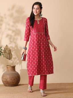 Globus - Women Pink Keyhole Neck Allover Printed Straight Workwear Kurta & Trouser Set