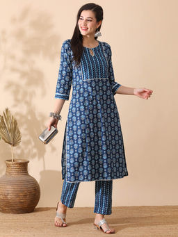 Globus - Women Indigo Keyhole Neck Allover Ethnic Print Straight Kurta & Pants Workwear Set