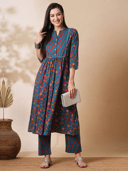 Globus - Women Blue Floral Printed Gotta Lace Gathered A-Line Kurta With Straight Pants Workwear Set