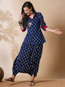Globus - Women Blue Allover Paisley Printed Shirt Style Tunic & Harem Pants Fusion Co-Ord Set