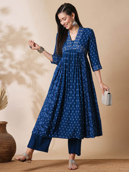 Globus - Women Blue Allover Printed Pleated & Panelled A-Line Kurta With Narrow Pants Workwear Set